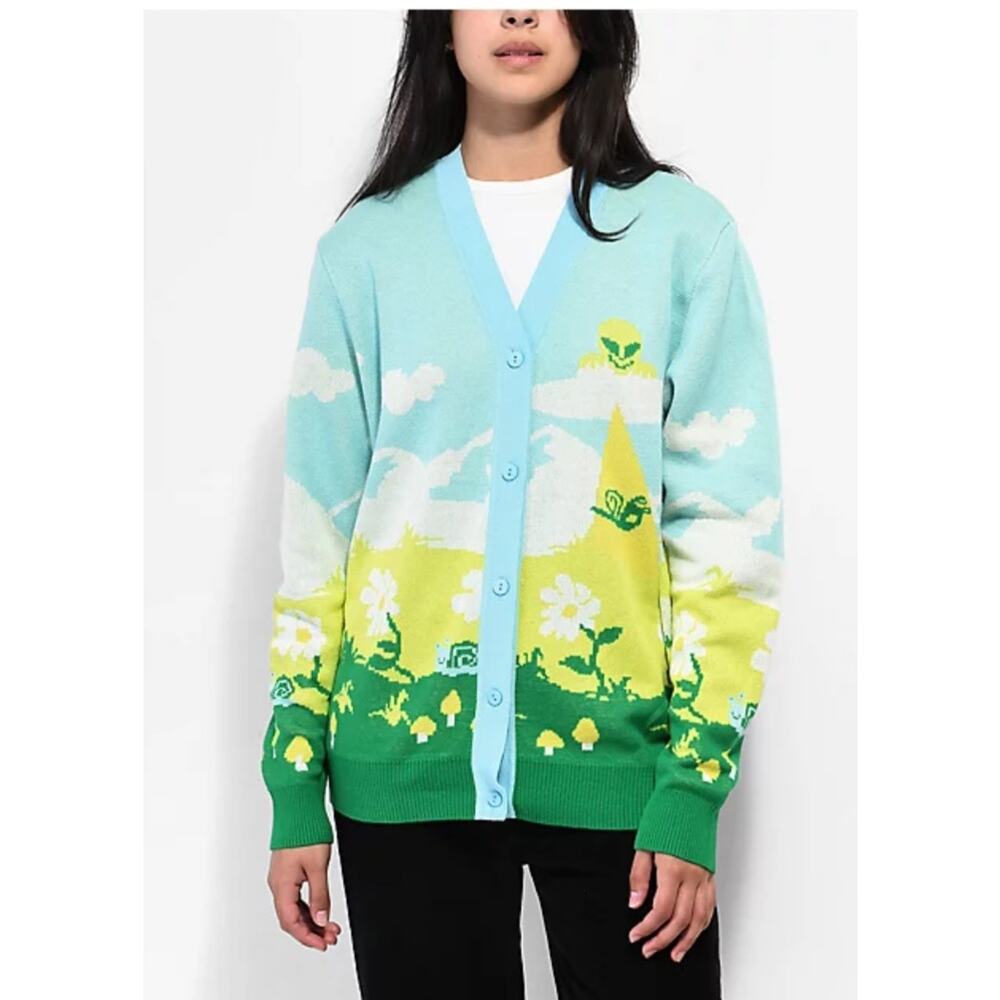 ALab Alien Olive Green Landscape Unisex Cardigan Sweater Unique Rare Large